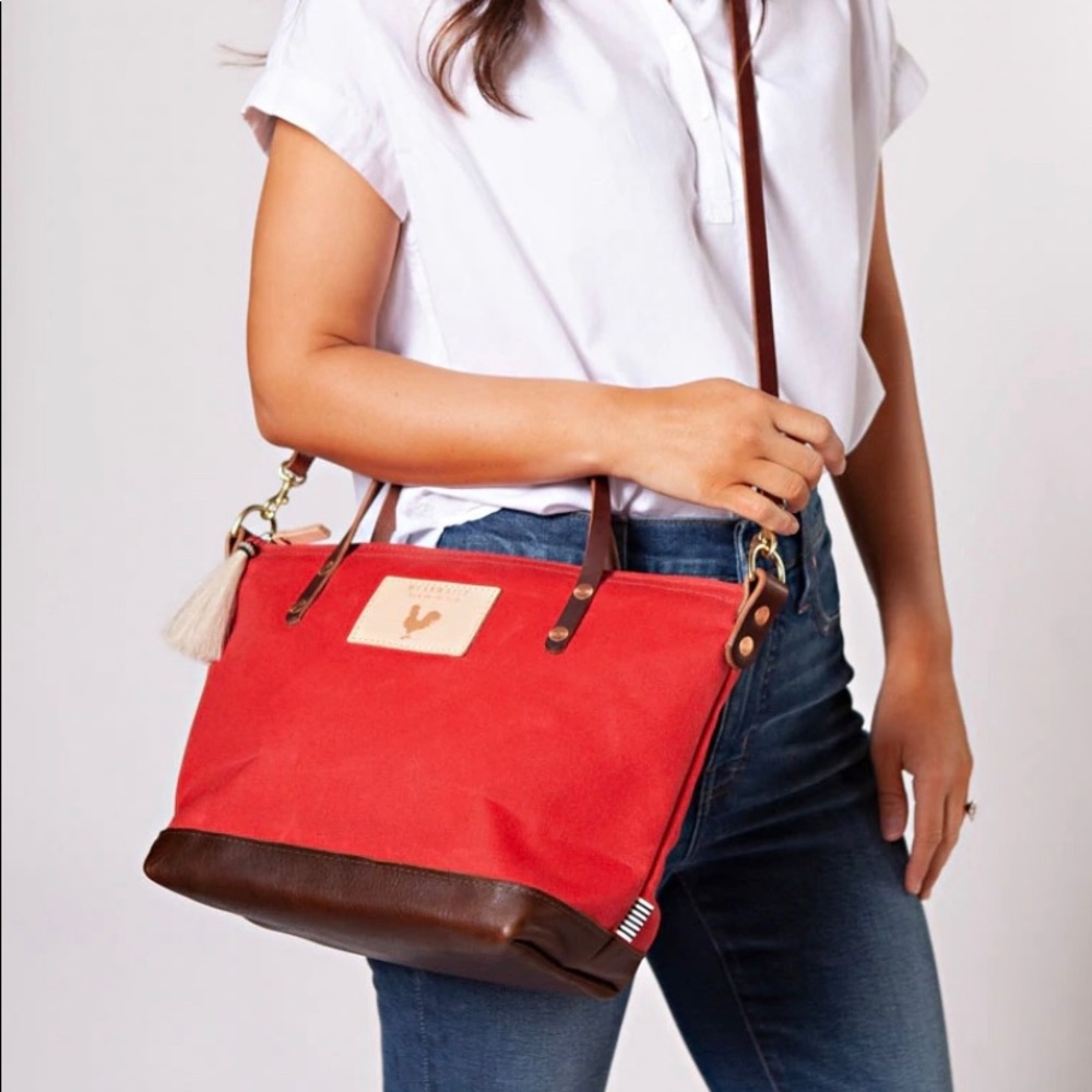 NWT MEANWHILE BACK ON THE FARM RED WAX CANVAS HAND TOTE & CROSSBODY